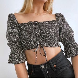Black Floral Ruched Crop Top
